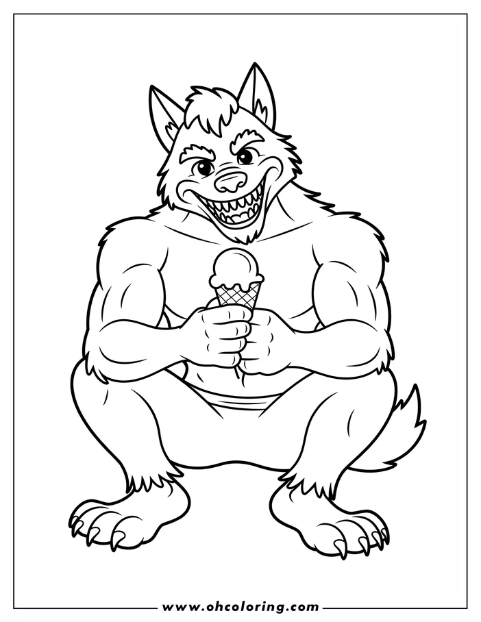 Line art of a muscular werewolf with a mischievous grin, sitting and holding an ice cream cone. This detailed coloring sheet design is perfect for imaginative coloring.