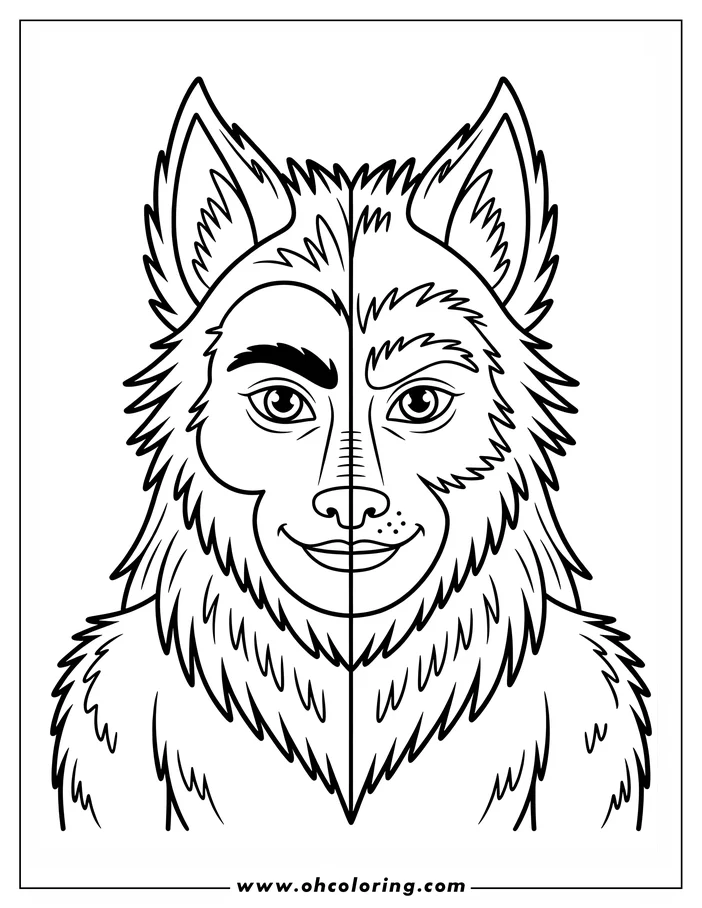 Line art of a werewolf face, split down the middle to show the human and wolf sides. The wolf side has thick fur, and both sides have expressive eyes and eyebrows, ready for coloring.