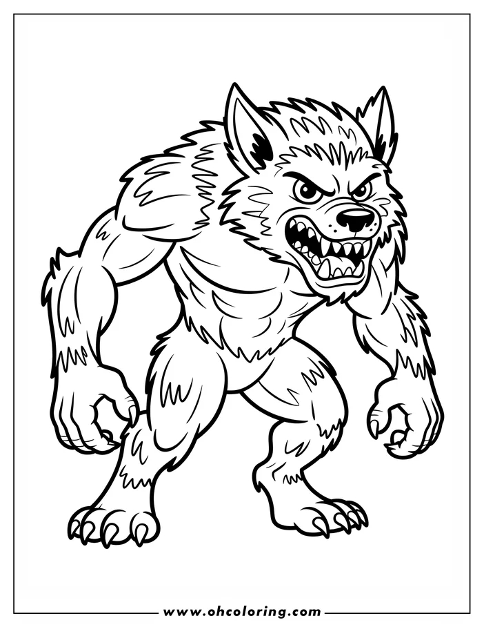 Line art of a growling werewolf, its claws out and teeth bared, ready for coloring. The design emphasizes the creature's muscular physique and thick fur.