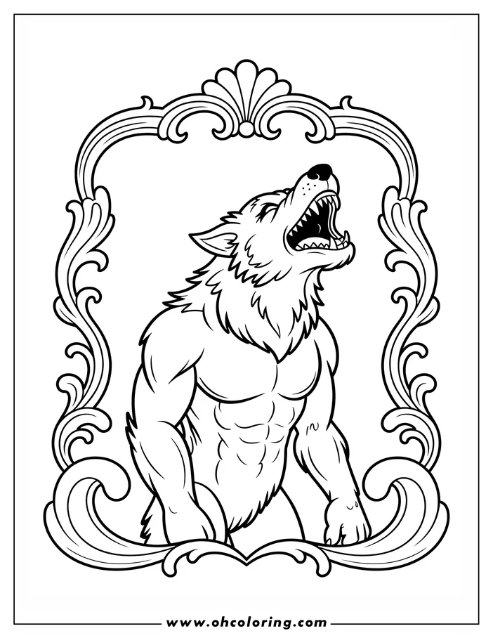 Line art of a muscular werewolf howling within an ornate frame. The werewolf's fur and powerful physique are clearly depicted, while the frame features intricate swirls and flourishes. This detailed drawing is designed as a coloring page.