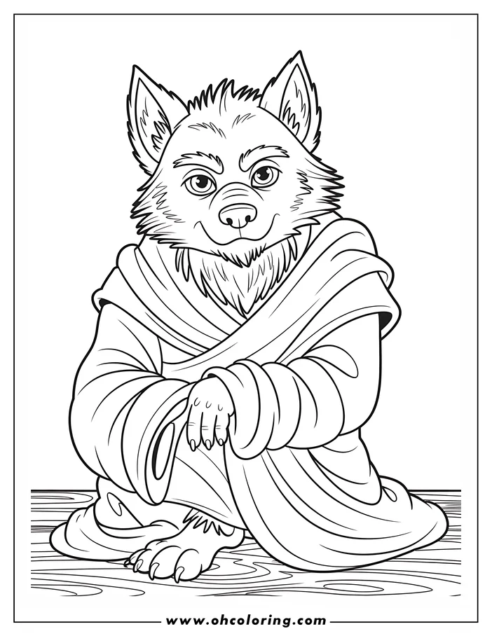 Line art of a werewolf wearing a robe, sitting on a wooden floor. This simple drawing is perfect for coloring, depicting a friendly, anthropomorphic wolf in relaxed attire.