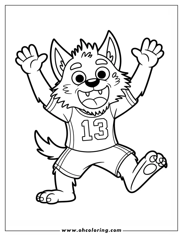 Line art of a cheerful cartoon werewolf wearing a sports uniform with the number 13. The werewolf has raised hands and is running or dancing. This is a coloring page design.