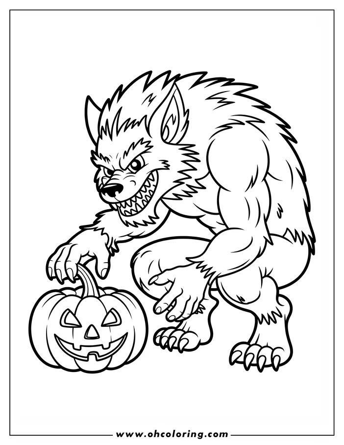 Line art of a werewolf crouching near a jack-o'-lantern. The werewolf has a muscular build, sharp claws, and a menacing expression.  The jack-o'-lantern has triangular eyes and a toothy grin. This is a coloring sheet design, ideal for Halloween.