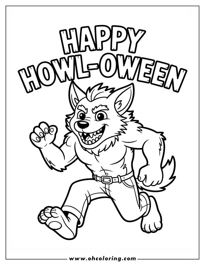 Line art of a playful werewolf wearing jeans, running with a mischievous grin. The words 'Happy Howl-oween' appear above him. This is a design for a coloring sheet.