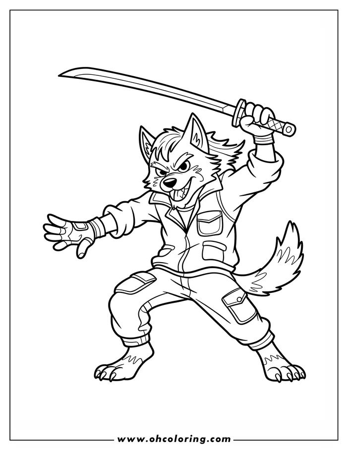 Line art of a werewolf in a fighting stance, holding a katana over its head. It wears a jacket and pants and has a fierce expression. This detailed drawing is designed as a coloring sheet.