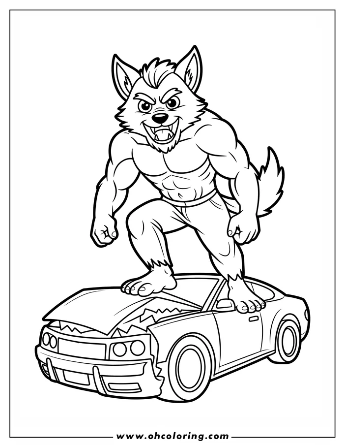 Line art of a muscular werewolf standing on a damaged car. The werewolf has a fierce expression and sharp claws. The car's hood is mangled. This is a coloring sheet design ready for printing and coloring.