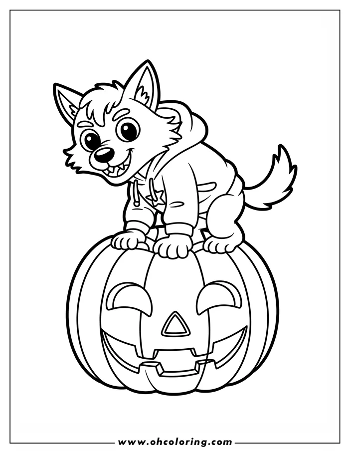 Line art of a cartoon werewolf sitting on a carved pumpkin. The werewolf wears a hooded sweatshirt and has a friendly expression. Perfect for a Halloween coloring activity.
