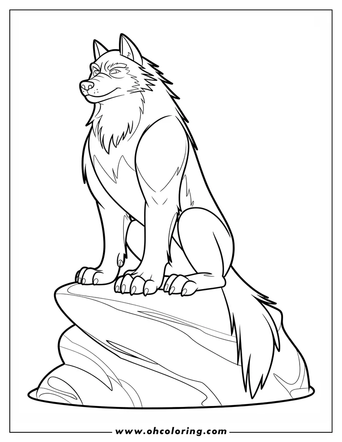 Line art of a werewolf sitting on a rock. The werewolf has a calm expression and textured fur. This is a coloring sheet design, ready for coloring.