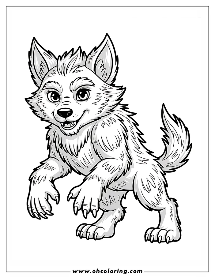 Line art of a playful cartoon werewolf pouncing forward. The werewolf has spiky fur, sharp claws, and a mischievous grin. This drawing is designed as a coloring sheet.