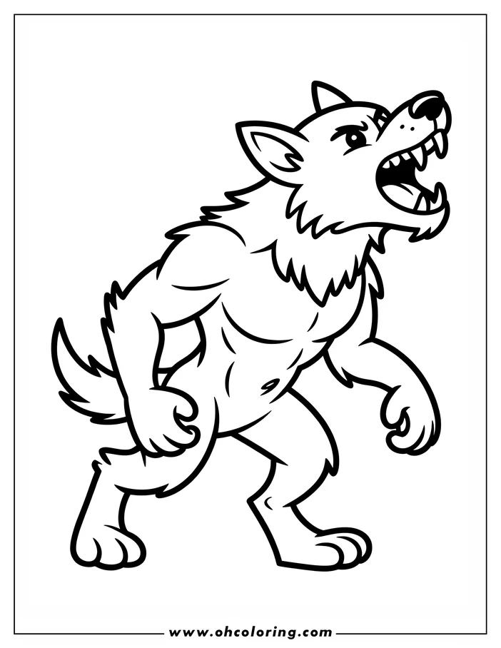 Line art of a werewolf, a mythical creature, mid-stride with its mouth open in a snarl.  The werewolf appears muscular with thick, shaggy fur and extended claws, in a dynamic pose suitable for a coloring sheet design.