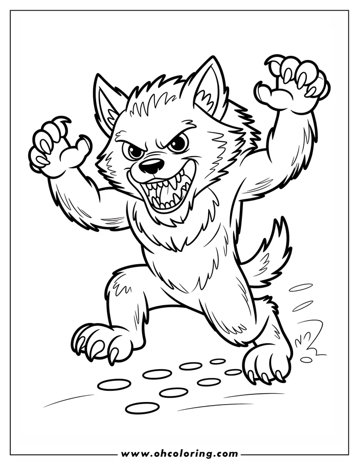 Line art of a cartoon werewolf running. It has a fierce expression and claws outstretched.  Dust clouds appear around its feet as it runs. This is a coloring sheet design.