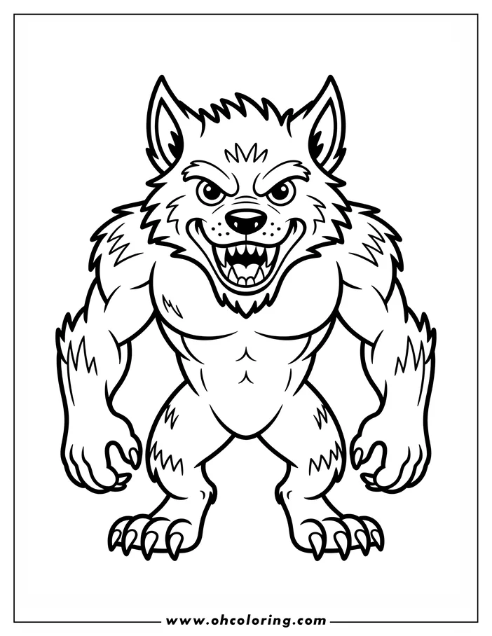 Line art of a muscular werewolf, standing with its claws out, ready for coloring. The werewolf has a fierce, snarling expression and thick fur.