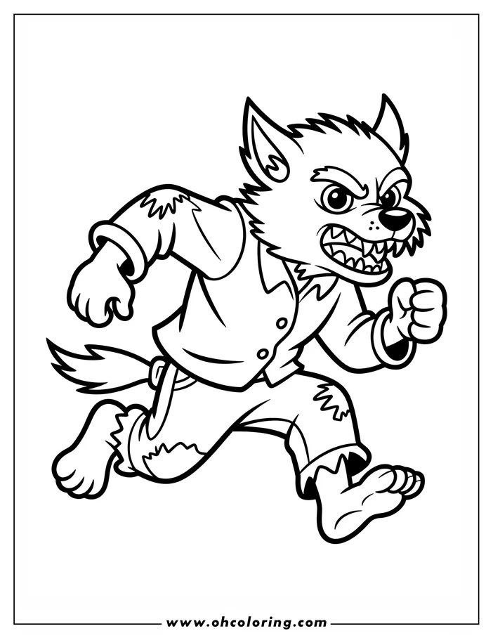 Line art of a sprinting werewolf with a fierce expression. Its fur is ruffled, teeth bared, and clothes torn. This coloring sheet design captures the creature mid-stride, ready for action.