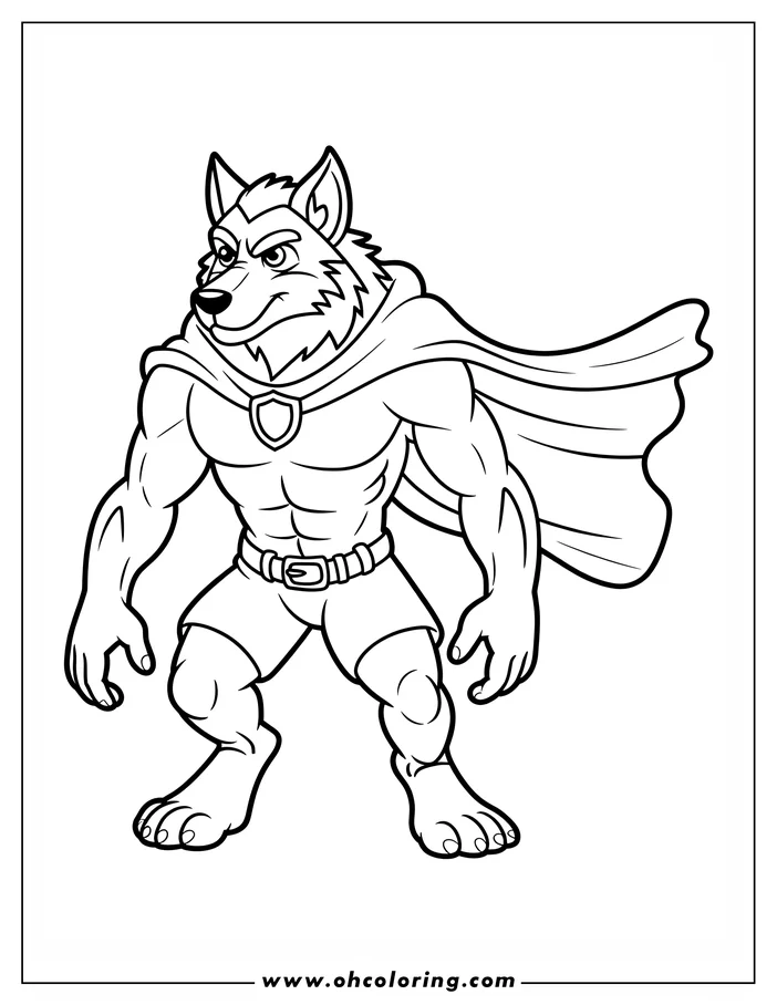 Line art of a muscular werewolf superhero. He stands confidently, wearing a cape and shorts. A small shield adorns his chest. This is a coloring page design, ready to be filled with color.