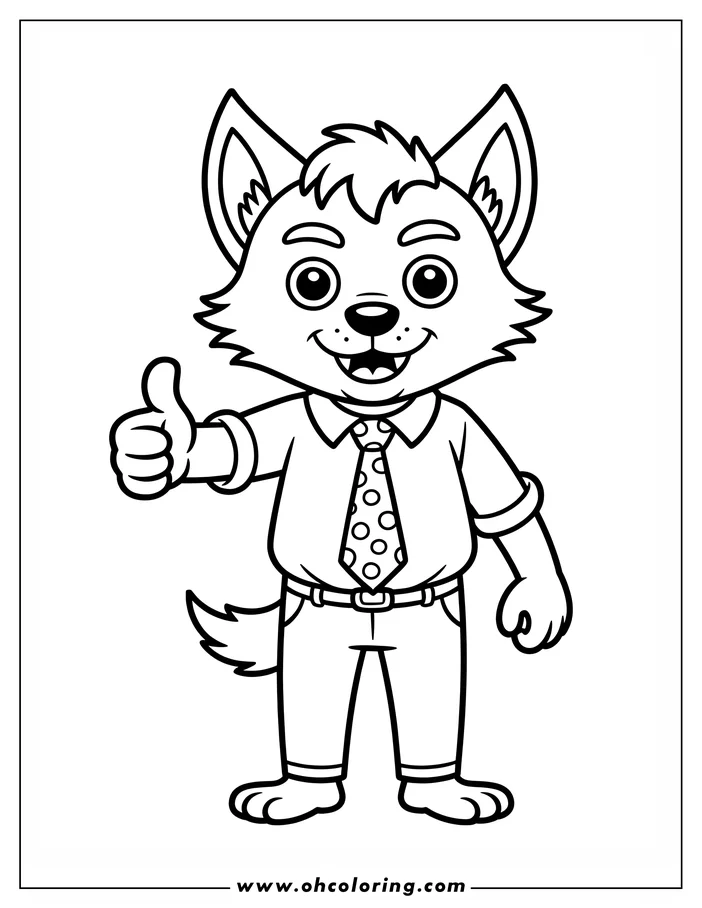 Line art of a friendly werewolf giving a thumbs-up. He's dressed in a shirt and tie with pants. This cheerful werewolf is a fun coloring sheet design, perfect for kids and adults.