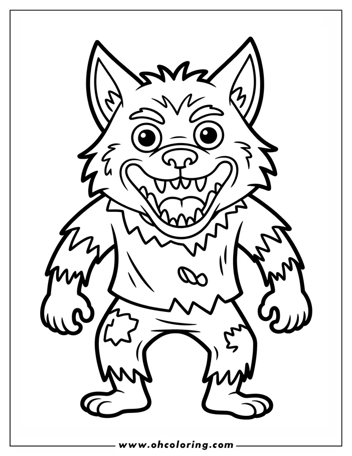 Line art of a cartoon werewolf in torn clothing, standing with a fierce expression. The werewolf has pointed ears, thick fur, and sharp teeth, ready for coloring.
