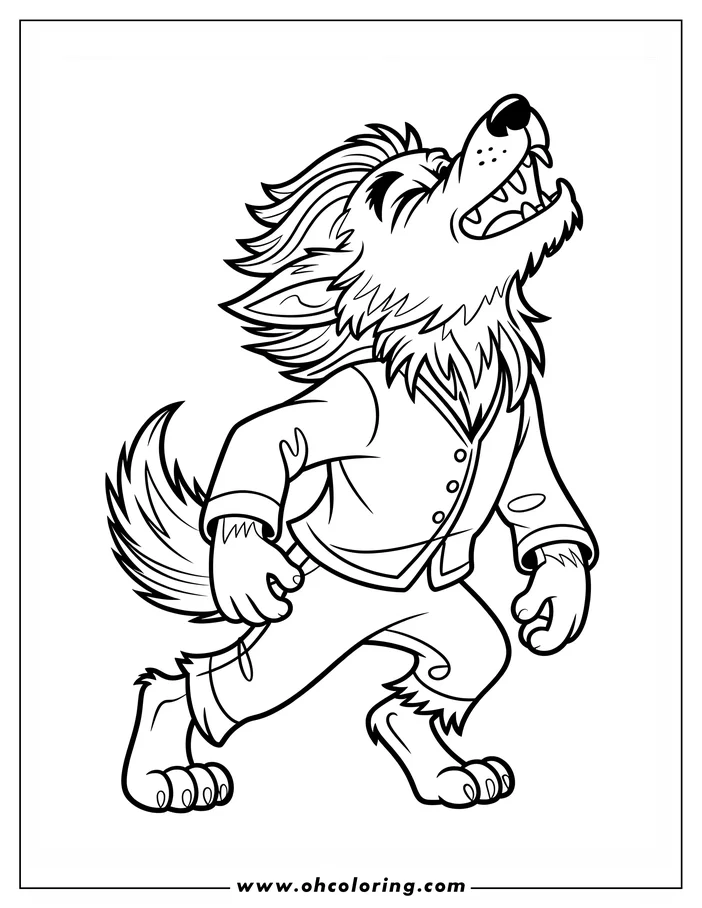 Line art of a werewolf mid-transformation. It snarls with its head back, thick fur visible on its head and legs, and wearing ripped pants and a jacket. A dynamic drawing ready for coloring.