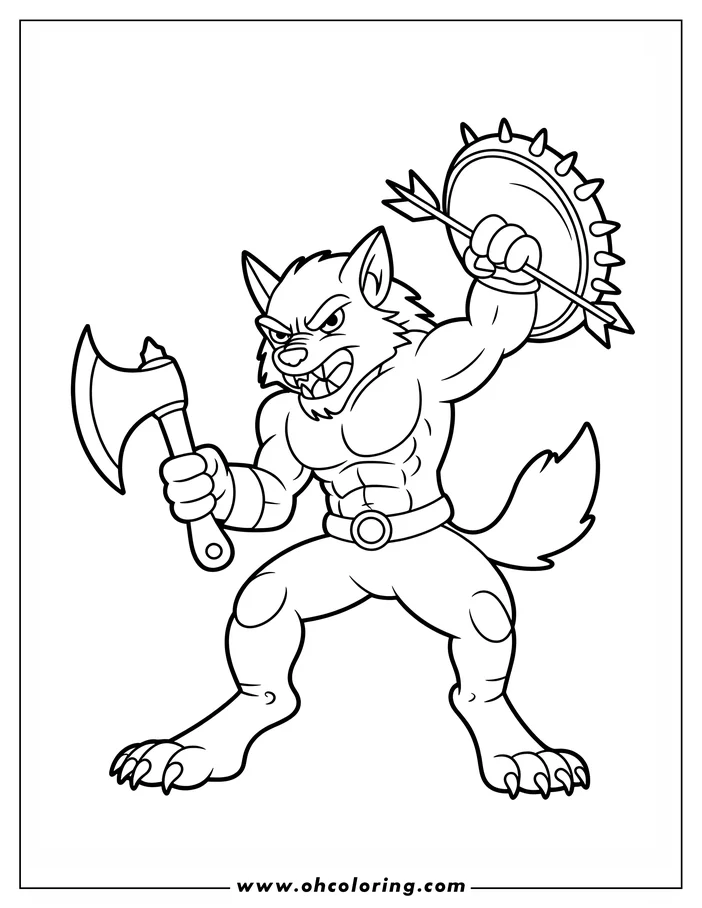 Line art of a muscular werewolf holding an axe and a spiked shield.  The fierce expression and sharp claws add to the character's intimidating presence. This detailed coloring sheet design captures the werewolf's powerful physique and aggressive stance.