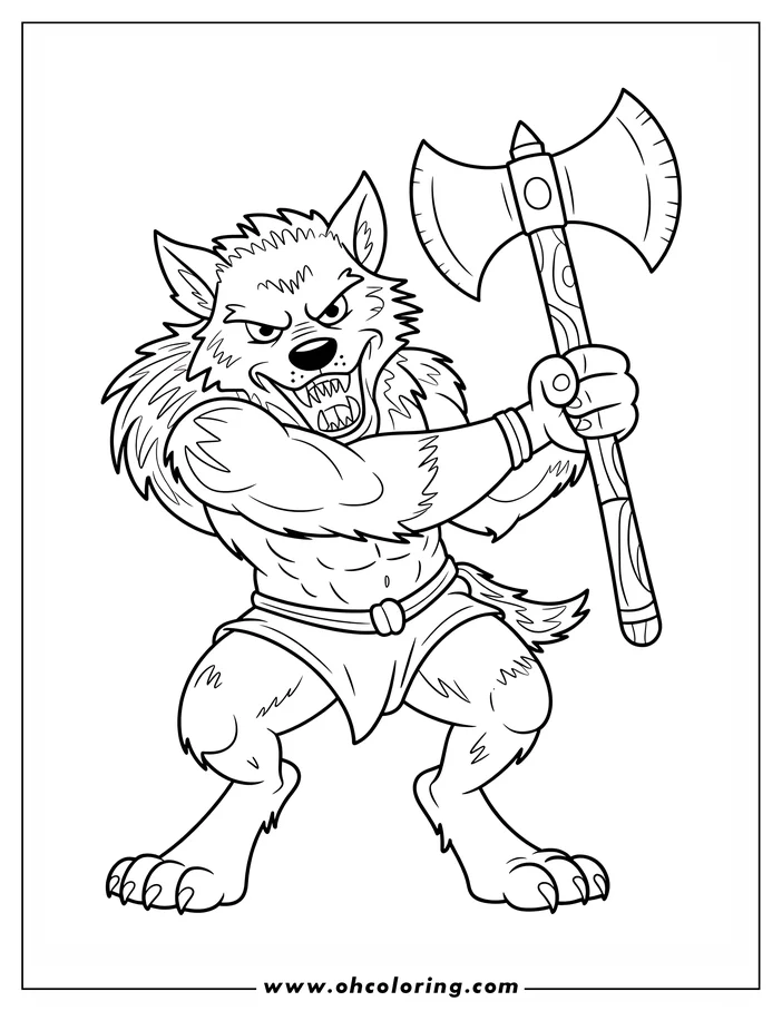 Line art of a muscular werewolf holding a large, double-headed axe. The werewolf has a fierce expression, sharp claws and teeth, and wears a simple loincloth. This detailed outline is a coloring sheet design.