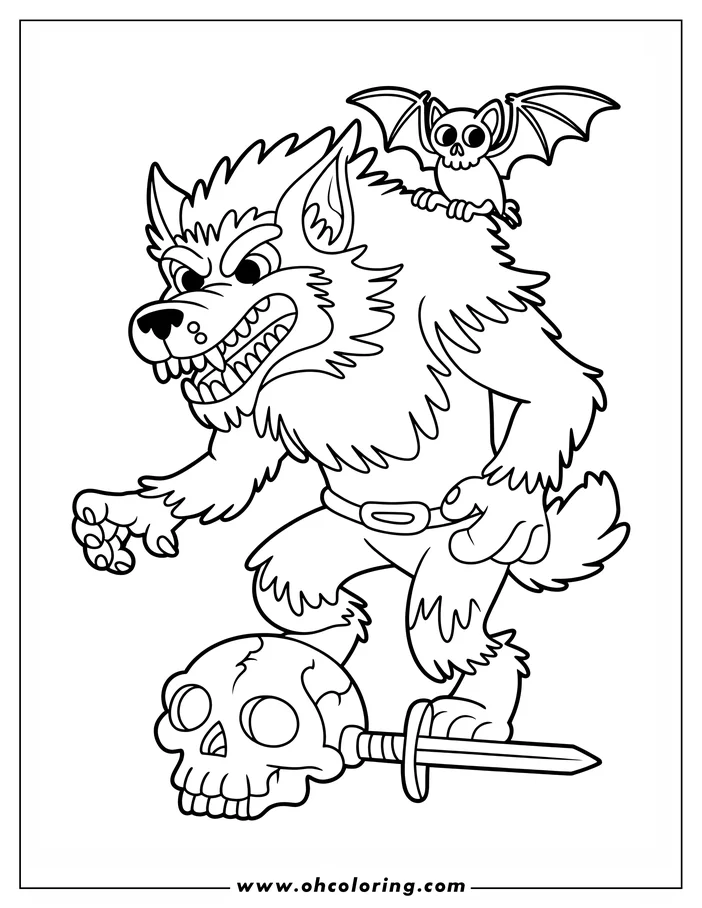 Line art of a snarling werewolf with a bat on its back, standing with one foot on a skull and the other on a sword, designed as a coloring sheet.