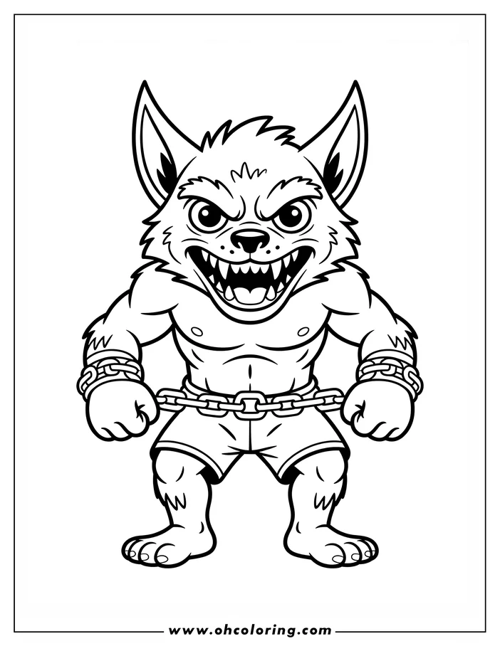 Line art of a muscular werewolf, restrained by chains around its wrists.  The creature has a fierce expression, bristly fur, and pointed ears.  It wears shorts and stands with its fists clenched. This is a design for a coloring sheet.