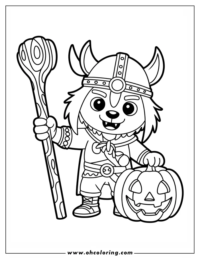 Line art of a friendly werewolf wearing a Viking helmet, holding a staff, and standing beside a carved pumpkin. This Halloween-themed coloring sheet is ready for kids to color.