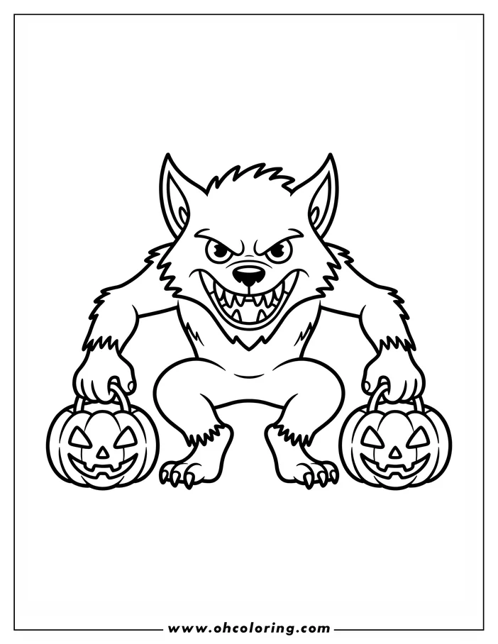 Line art of a werewolf holding two jack-o'-lanterns. The werewolf has a snarling expression and pointed ears. This is a coloring sheet design perfect for Halloween.
