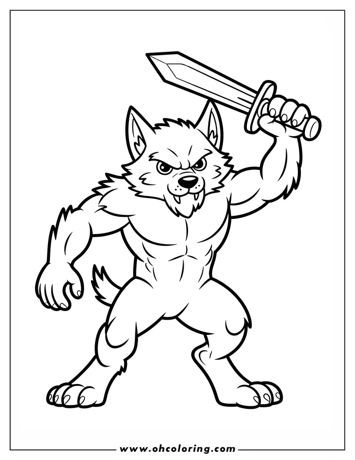 Line art of a muscular werewolf holding a sword. The werewolf is standing with a fierce expression. This is a design for a coloring sheet.
