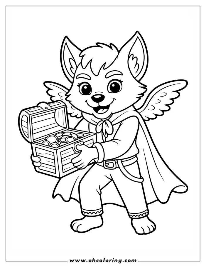 Line art of a cartoon werewolf holding a treasure chest brimming with gold coins. The werewolf has wings and wears a cape and simple clothes, and displays a friendly expression. This detailed outline is ready for coloring.