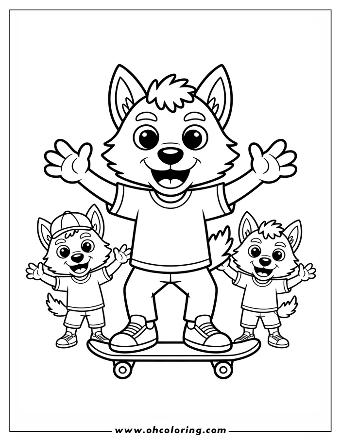 Coloring sheet design of three friendly werewolves. A larger werewolf stands on a skateboard, arms outstretched, while two smaller werewolves stand on either side. The werewolves are wearing casual clothes and have happy expressions. This line art is perfect for printing and coloring.