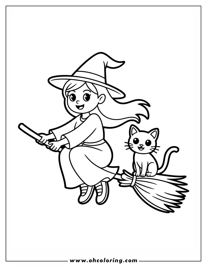 Line art of a smiling witch and her cat perched on a broomstick, a simple drawing designed as a coloring sheet. The witch wears a pointy hat and flowing robes, and her cat sits calmly behind her on the broom.
