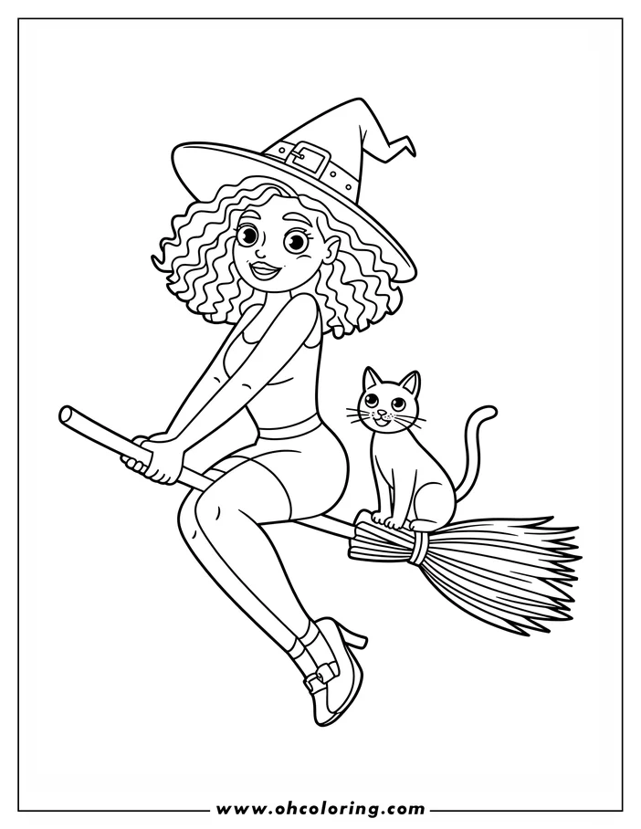 Line art of a witch and her cat flying on a broomstick. The witch wears a pointed hat and has curly hair. The cat sits calmly behind her, and they both appear cheerful. This image is designed as a coloring page.