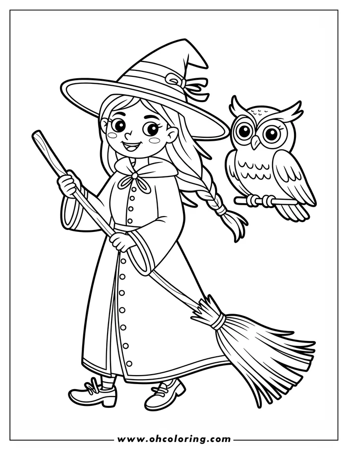 Line art of a smiling witch holding a broomstick, accompanied by an owl perched on a branch. This coloring sheet design features the witch in a pointed hat and long robe, perfect for Halloween-themed coloring.