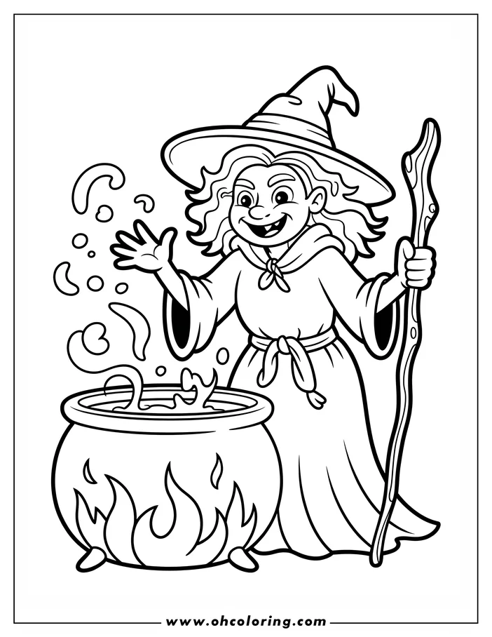 Line art of a friendly witch brewing a potion in a cauldron over a fire.  She wears a pointed hat and holds a staff. The design is a coloring sheet, suitable for printing.