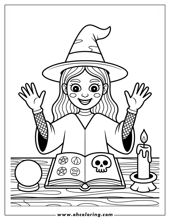 Line art of a smiling witch casting a spell. She wears a pointed hat and robe with scale-patterned sleeves.  A spell book with mystical symbols and a skull, a crystal ball, and a lit candle sit on the table in front of her. This is a coloring sheet design.