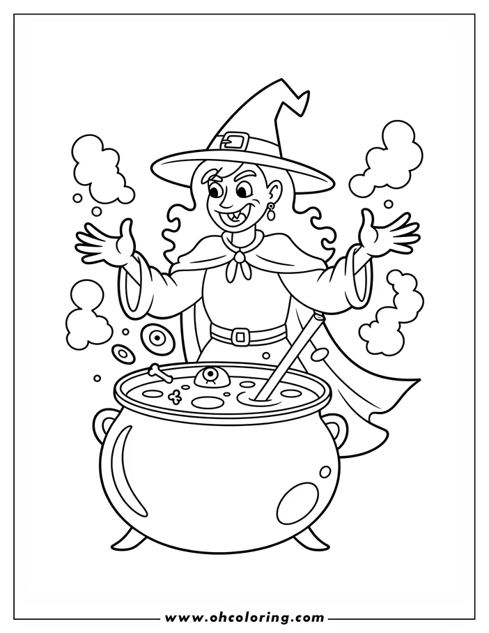 Line art of a witch stirring a cauldron with a bone and eyeballs floating in it. She's wearing a pointed hat and a long cape, a coloring sheet design perfect for Halloween.