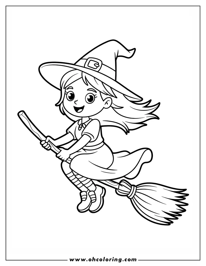 Line art of a witch flying on a broomstick. She's wearing a pointed hat and a flowing dress, with her hair trailing behind her.  This is a coloring sheet design, perfect for Halloween or any time.
