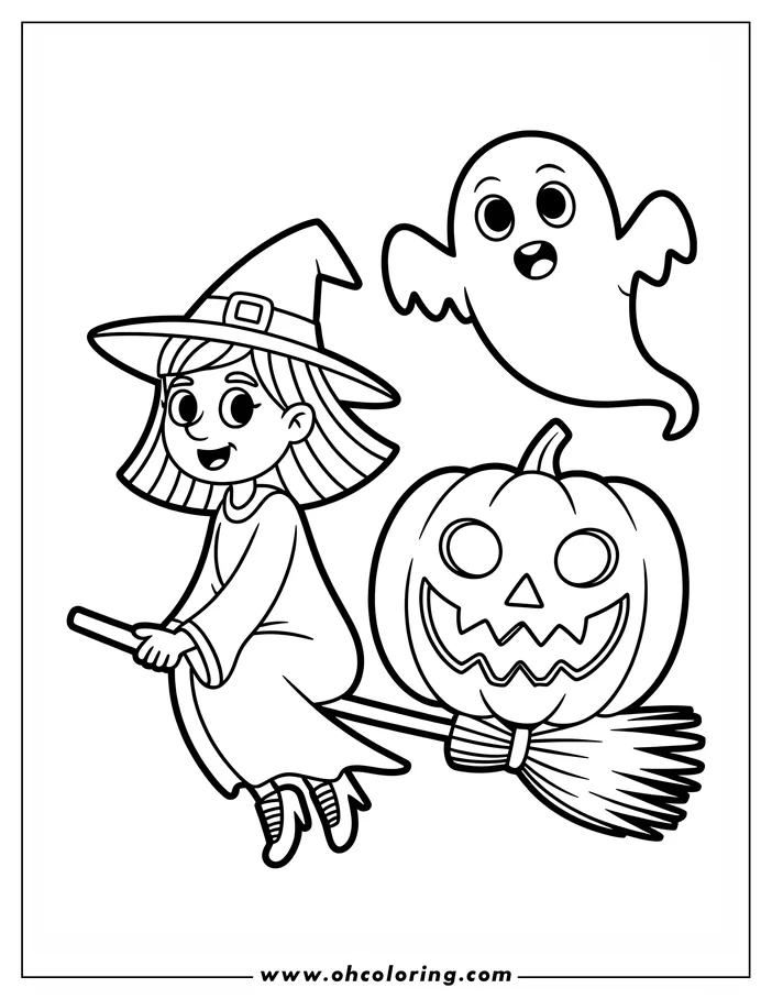 Line art of a witch flying on a broomstick with a jack-o'-lantern. She wears a pointed hat and simple robe, with a friendly ghost floating nearby. This is a coloring page design, perfect for Halloween.