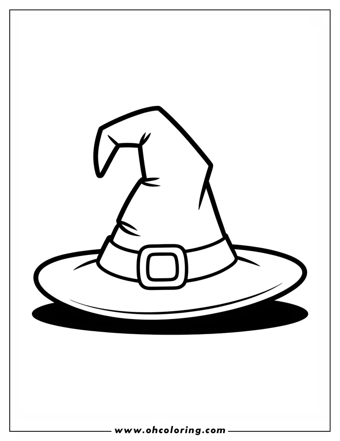 Line art of a classic witch's hat with a wide brim, pointed crown, and simple band. This coloring page design is perfect for Halloween or any magical theme.