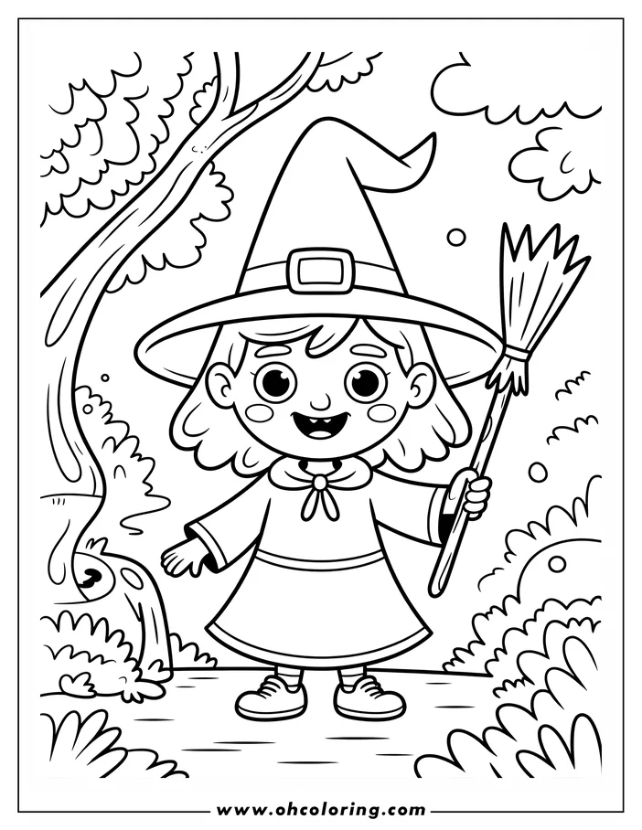 Line art of a smiling witch holding a broom. She is wearing a pointed hat and a dress with a bow. The background shows a tree and some bushes, creating a simple outdoor setting for this coloring page.