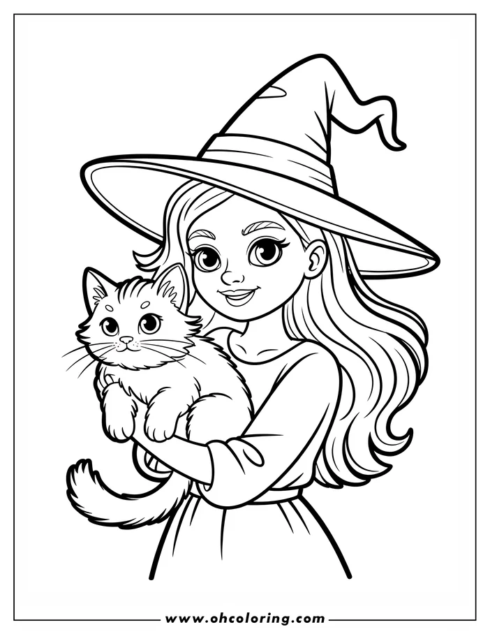 Line art of a witch holding a cat. The witch wears a pointed hat and a simple dress. Her long hair flows down her back. The cat is fluffy and looks comfortable in her arms. This is a coloring sheet design.