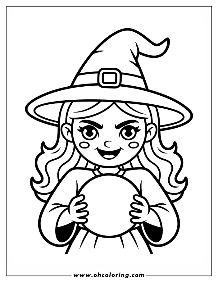 Line art of a witch, wearing a pointed hat and robe, holding a crystal ball.  She has a mischievous expression. This is a drawing for coloring.