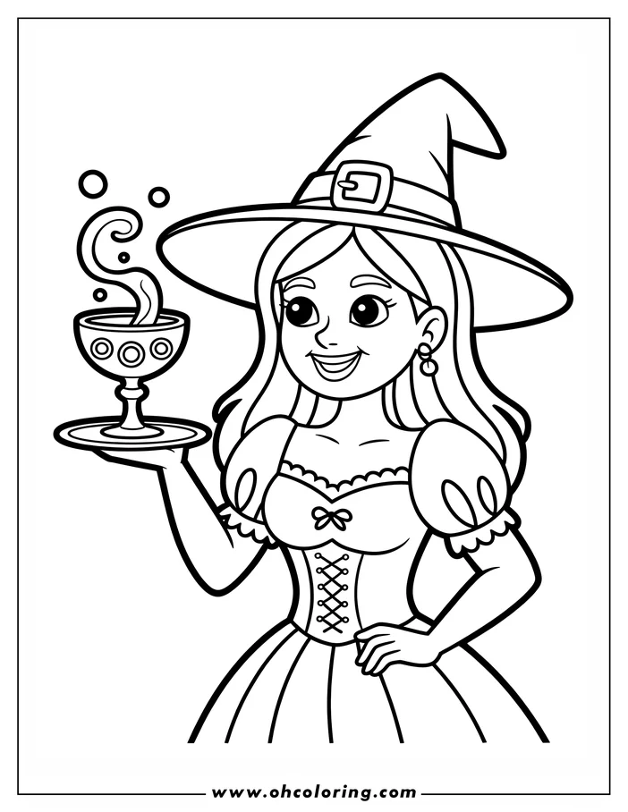 Line art of a smiling witch holding a tray with a steaming potion.  She wears a pointed hat and a long dress with a laced bodice. A coloring sheet design perfect for Halloween or fantasy themes.