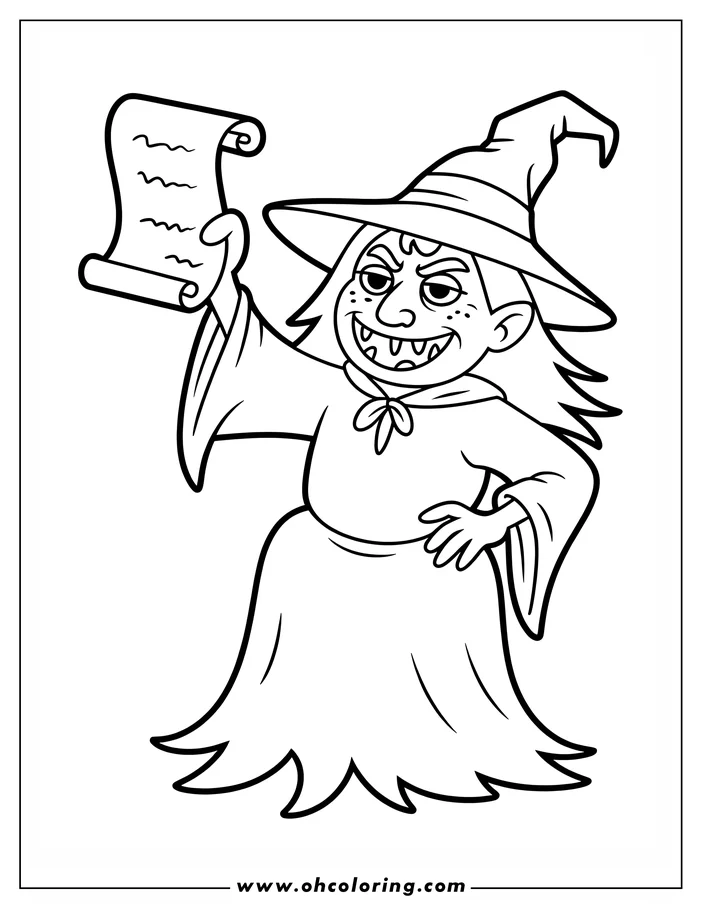 Line art of a witch holding a scroll.  She wears a pointed hat and a long robe. The witch has a mischievous expression, with a wide grin and freckles on her cheeks.  This is a coloring sheet design.