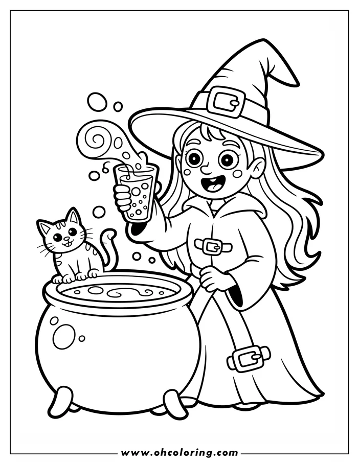 Line art of a young witch making a potion.  She holds a glass of bubbling liquid while a cat sits on her cauldron. This drawing is a coloring sheet design ready for printing and coloring.