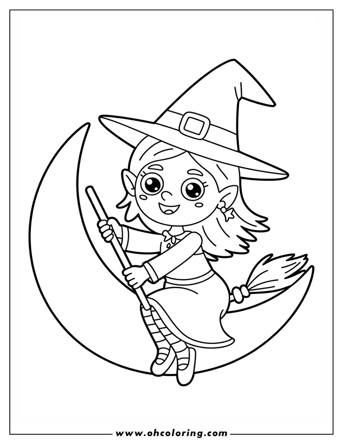 Line art of a smiling witch riding a crescent moon. She holds a broomstick and wears a pointed hat, creating a whimsical scene perfect for a coloring page.