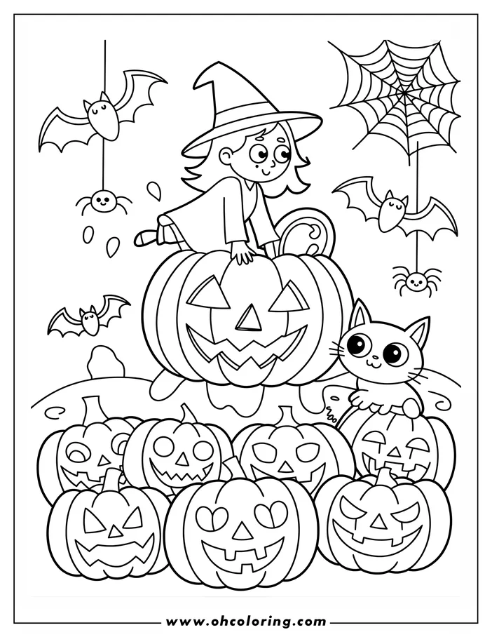 Line art of a Halloween scene with a witch sitting on a carved pumpkin. A black cat sits on another pumpkin nearby, and several other carved pumpkins fill the foreground. Bats, spiders, and a spiderweb add to the spooky ambiance. This is a coloring sheet design ready for printing and coloring.