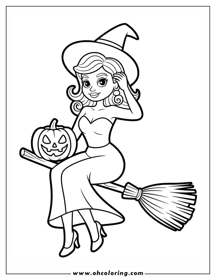 Line art of a witch riding a broomstick. She wears a pointed hat and holds a jack-o'-lantern. This coloring sheet design captures the Halloween spirit.
