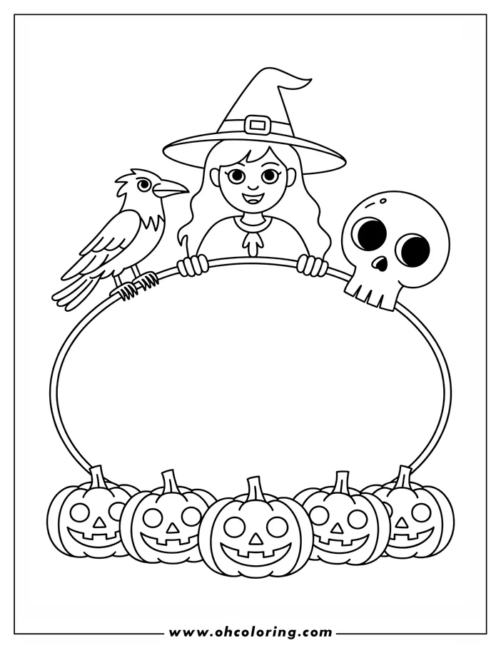 Line art depicting a coloring page design of a smiling witch holding an oval frame. A raven sits on one side, and a skull hangs on the other. Carved pumpkins line the bottom of the oval frame.