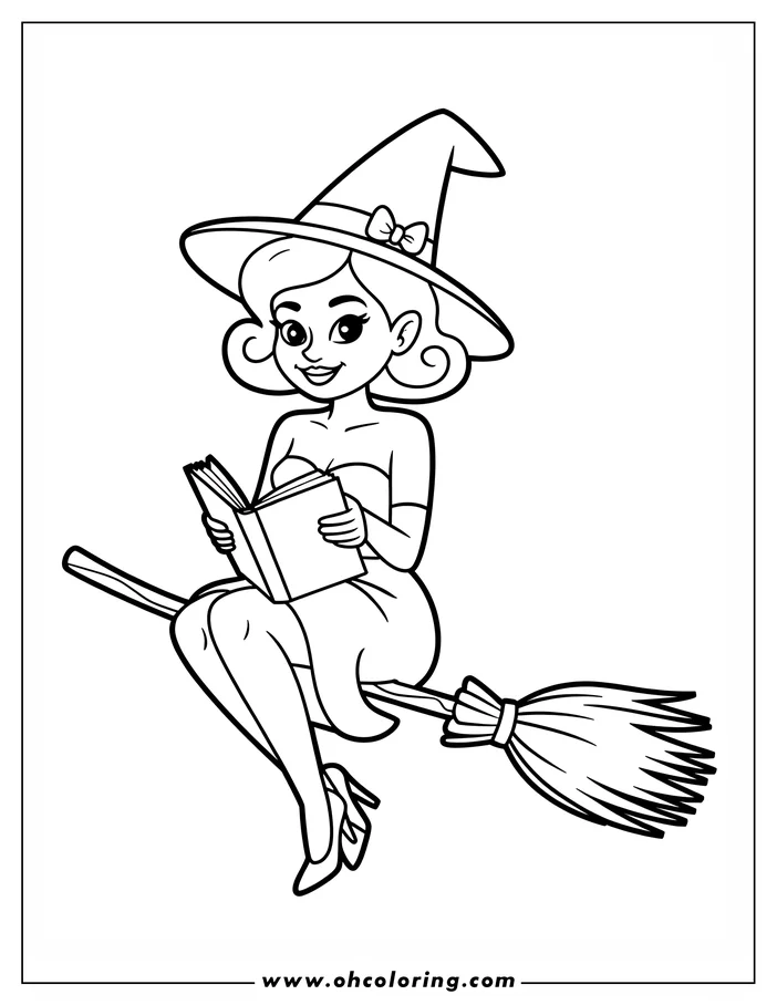 Line art of a witch reading a book while sitting on her broomstick. She's wearing a pointed hat, a dress, and high heels. The broom has a large bundle of bristles. This is a coloring sheet design.